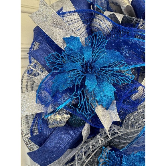 Blue and Silver Wreath & Christmas Garland Holiday Home Decor, Front Door Hanger - Picture 10 of 11
